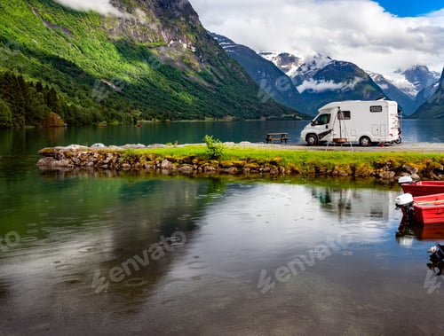 Preview: Scenic Lake with Mountains and Camper Van