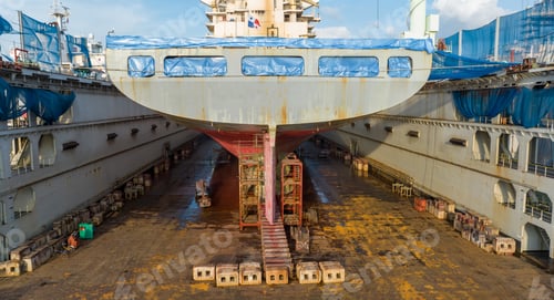 Preview: cargo container ship at dry dock concept maintenance service working in the sea. Insurance