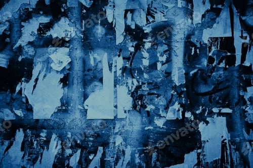 Preview: Blue color grunge backdrop. Scraps of old paper posters on the wall