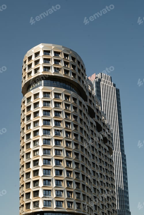 Preview: New building apartment with modern design. Minimal architecture skyscraper against cloudy sky