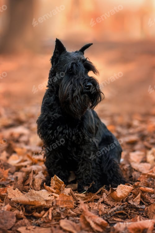 Preview: dog black miniature schnauzer in autumn in the leaves in the park