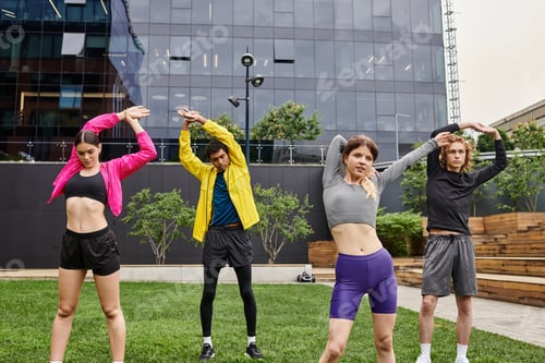 Preview: Group of young athletes stretching together in a modern urban park during sunny afternoon