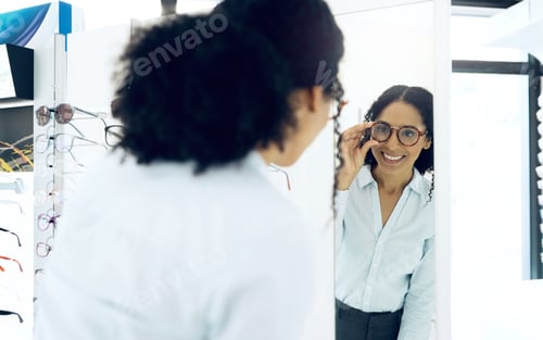 Preview: Optometry store, mirror or happy woman with glasses, lens frame or retail decision for eyewear, vis