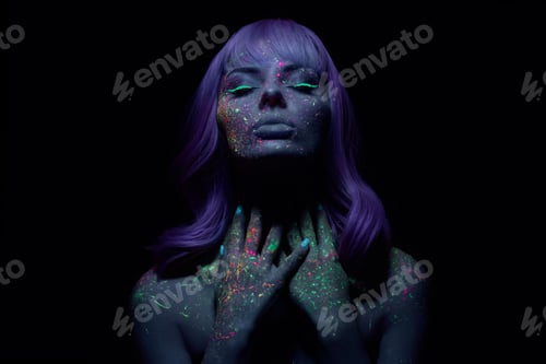 Preview: Fashion model woman neon light bright fluorescent makeup, long hair, drop on face. Beautiful model