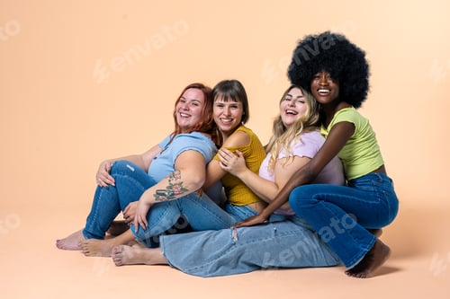 Preview: Body Positive and Acceptance, multiracial group of happy women with different body