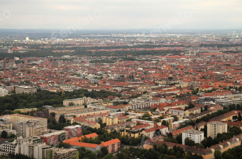 Preview: Aerial view of a urban landscape in Munich, Germany, with a variety of buildings, streets, landmarks
