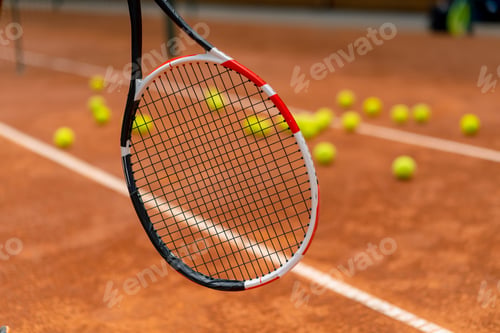 Preview: young coach or player holding tennis racket and ball while playing on court close-up