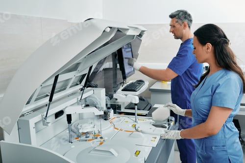 Preview: Diagnostic laboratory scientists researching on blood samples using modern technology and medical