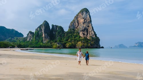Preview: A couple of men and women at Railay Beach Krabi Thailand, the tropical beach of Railay Krabi