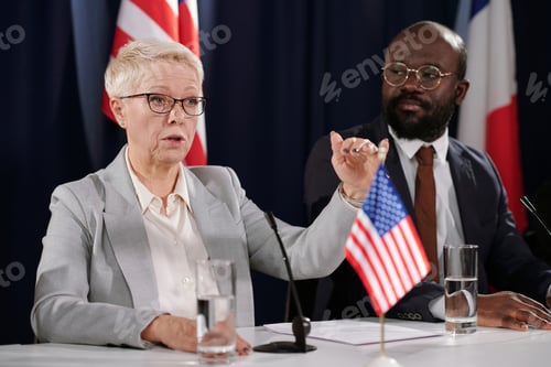 Preview: Confident blond mature female delegate in formalwear explaining something