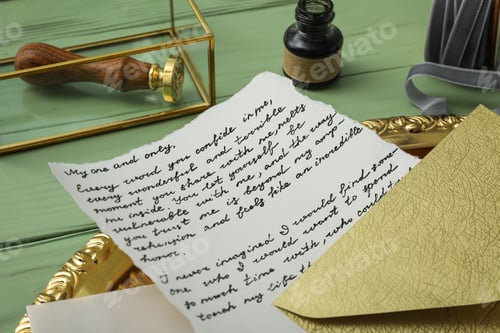 Preview: Letter with text on golden tray, ink bottle and stamp on green wooden background, close up