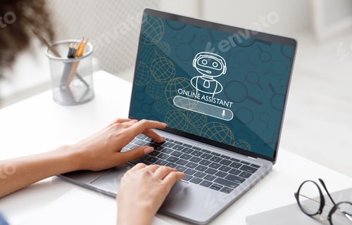 Preview: Cropped woman entrepreneur using online assistant on laptop at office