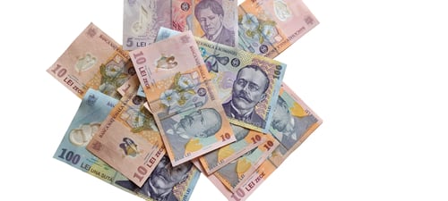 Preview: Stack of romanian polymer banknotes, romanian RON currency on white background