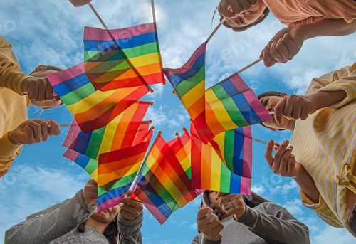 Preview: diversity people hands raising colorful lgbtq rainbow flags together