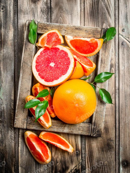 Preview: Ripe grapefruit on a wooden tray.
