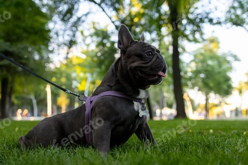 Preview: French bulldog sitting in the park at sunset