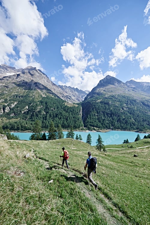 Preview: Hikers on lush green field, lake in background, Mont Cervin, Matterhorn, Valais, Switzerland