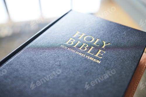 Preview: Closeup, bible book and home for faith, studying religion and mindfulness with holy spiritual scrip