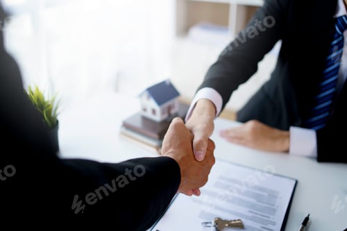 Preview: Real estate agent contracts to buy a house for a customer. shaking hands to congratulate.