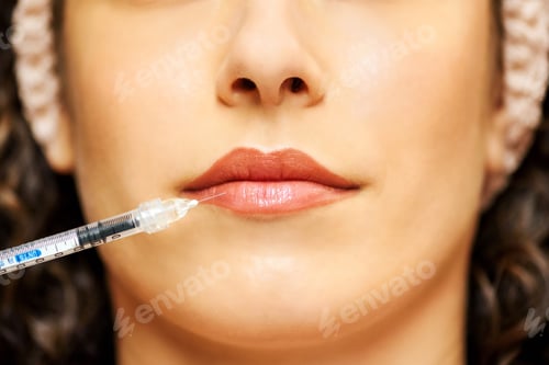Preview: Crop woman with medical syringe against lips