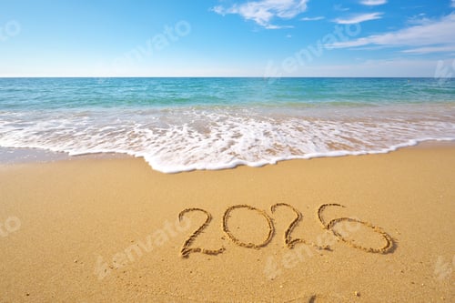 Preview: 2026 text symbol of new year on the sea sand beach shore at daylight.