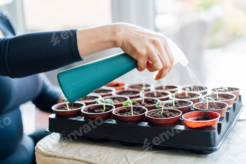 Preview: Woman watering, spraying plants sprouts growing from seeds in the small pot at home.