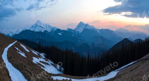 Preview: Panorama of beautiful spring morning in Carpathian mountains.