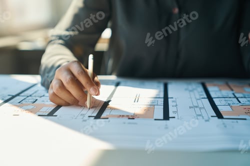 Preview: Floor plan house in front of female designer in silk blouse