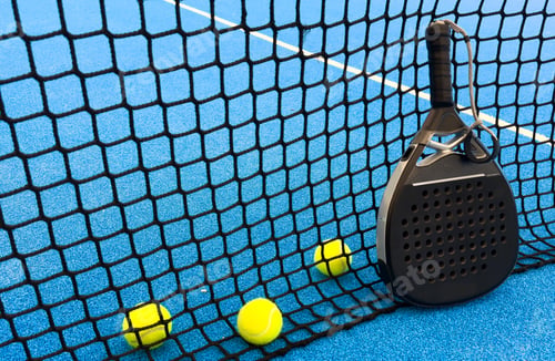 Preview: Padel tennis racket. Background with copy space. Sport court and balls.