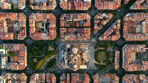 Preview: Aerial view of Barcelona city skyline and Sagrada Familia Cathedral. Eixample residential grid