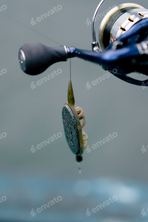 Preview: close-up Fishing tackle fishing spinning hooks and baits fisherman on reservoir feeder free style