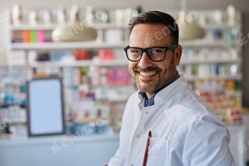 Preview: Happy male pharmacist working in drugstore and looking at camera.
