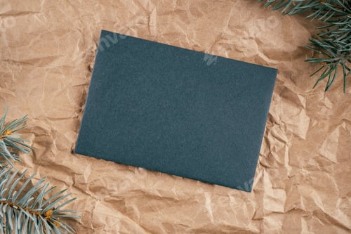 Preview: Background image of rough crumpled recycled textured kraft paper with Christmas tree branches