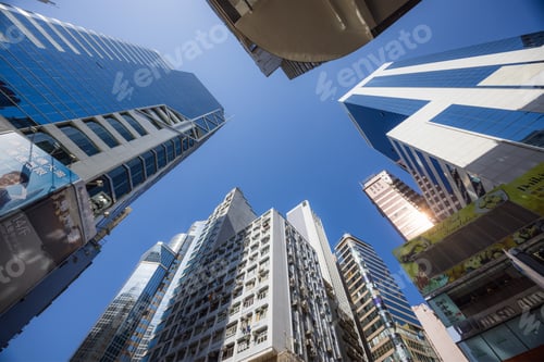Preview: Sheung Wan, Hong Kong 05 October 2021: Low angle of city building