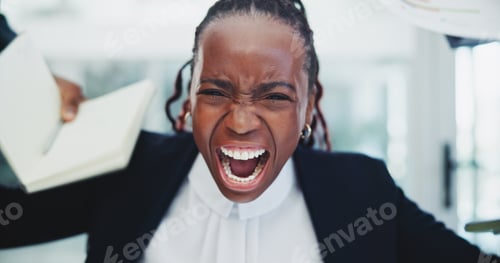 Preview: Business, woman or shouting with stress for multitasking in office with deadline fail, overworked o