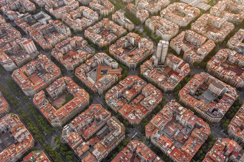 Preview: Spanish City of Barcelona City High Aerial View at Sunset