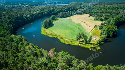 Preview: White boat on a winding river in summer, Poland