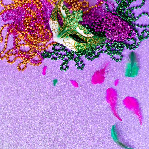 Preview: Mardi gras accessories flat lay on purple background