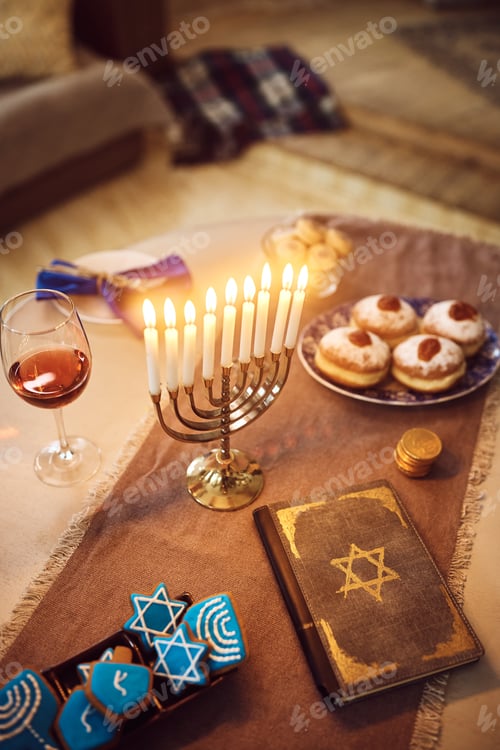 Preview: High angle view of Hanukkah dining table.