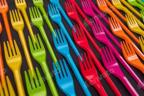 Preview: Many color plastic forks on a bright background