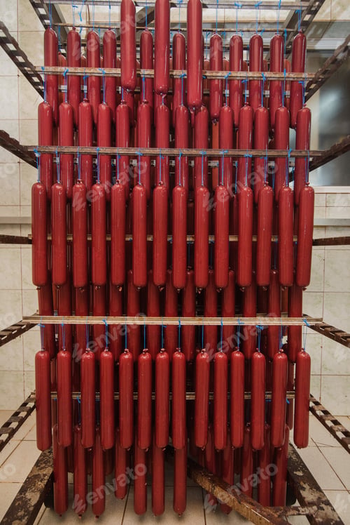 Preview: Raw sausages on racks before the smoking process at a meat processing plant.