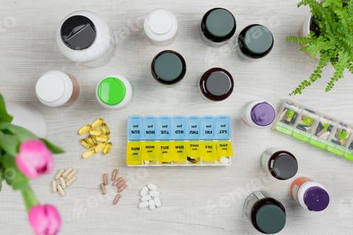 Preview: Top view of vitamin bottles, capsules and pill holders