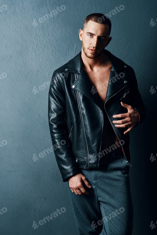 Preview: man in black leather jacket fashion modern style luxury dark background