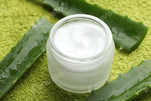 Preview: Cream and aloe leaves on green background, closeup