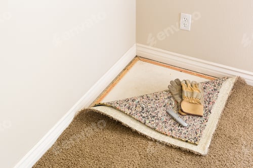 Preview: Gloves and Utility Knife On Pulled Back Carpet and Pad In Room.