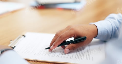 Preview: Closeup, hand and pen for contract in office for legal agreement, compliance or paperwork. Male per