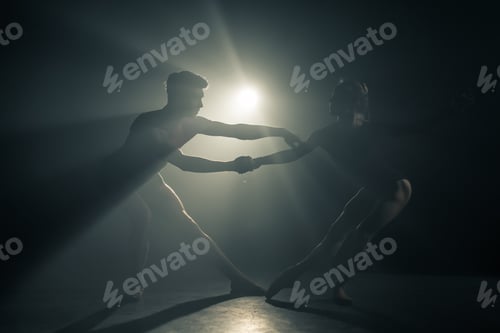 Preview: Professional ballet couple dancing in spotlights smoke on big stage. Beautiful young woman
