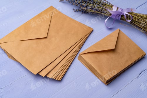 Preview: Letter envelope on lavender wooden background, copy space