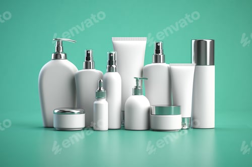 Preview: Set of natural cosmetics products in bottles on green background.
