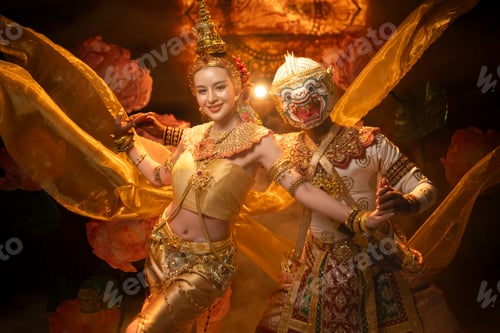 Preview: Traditional Thai dance performance featuring a graceful female dancer and a masked Khon performer